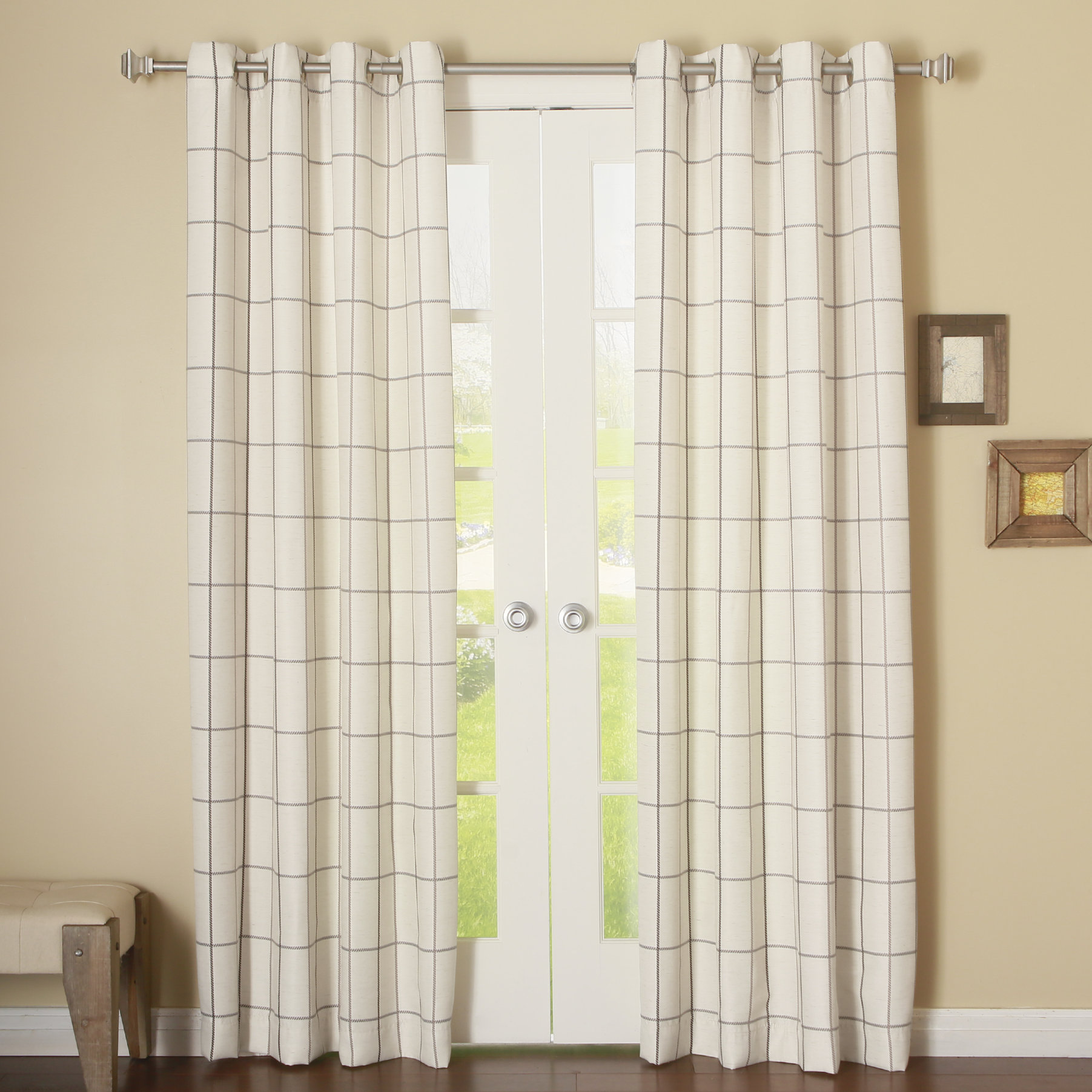 Grommet+Grid+Stitched+Linen+Blend+Plaid+%26+Check+Semi Sheer+Curtain+Panels