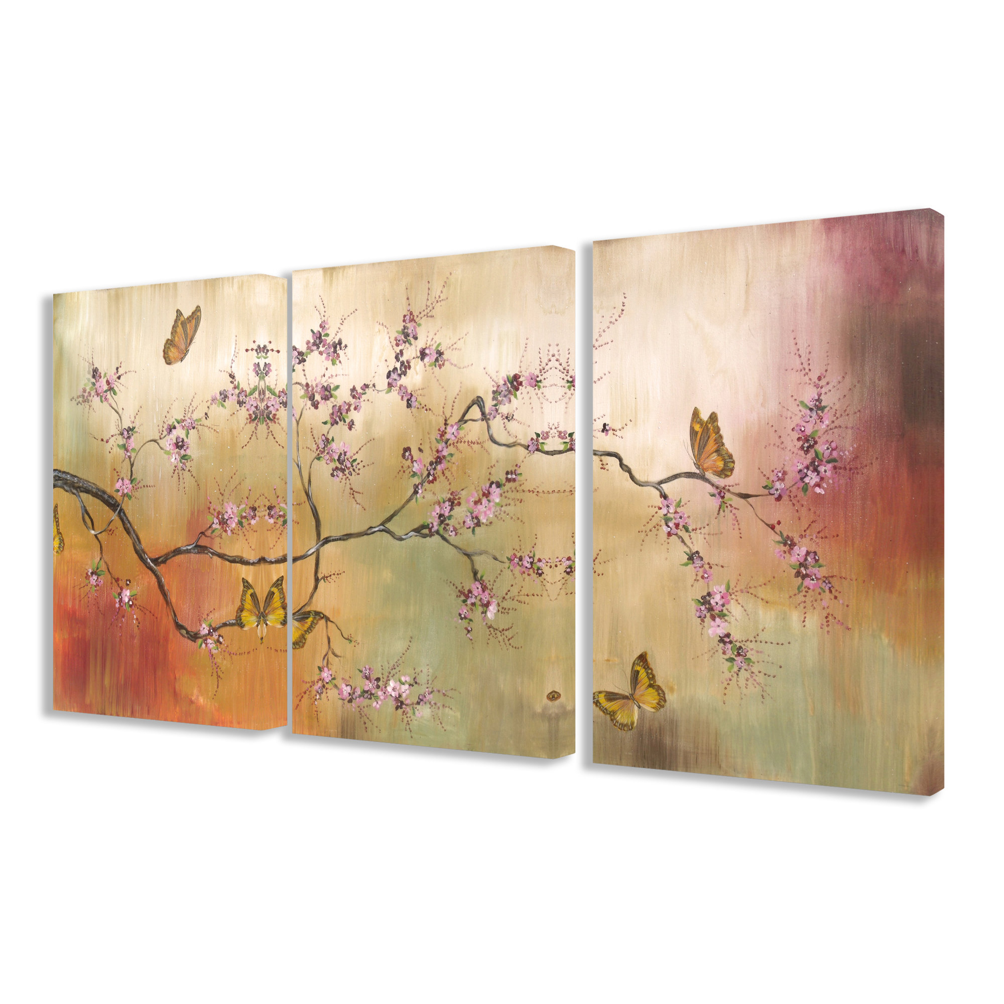 Stupell Industries Pink Blossoms and Butterflies 3 Piece Painting Print