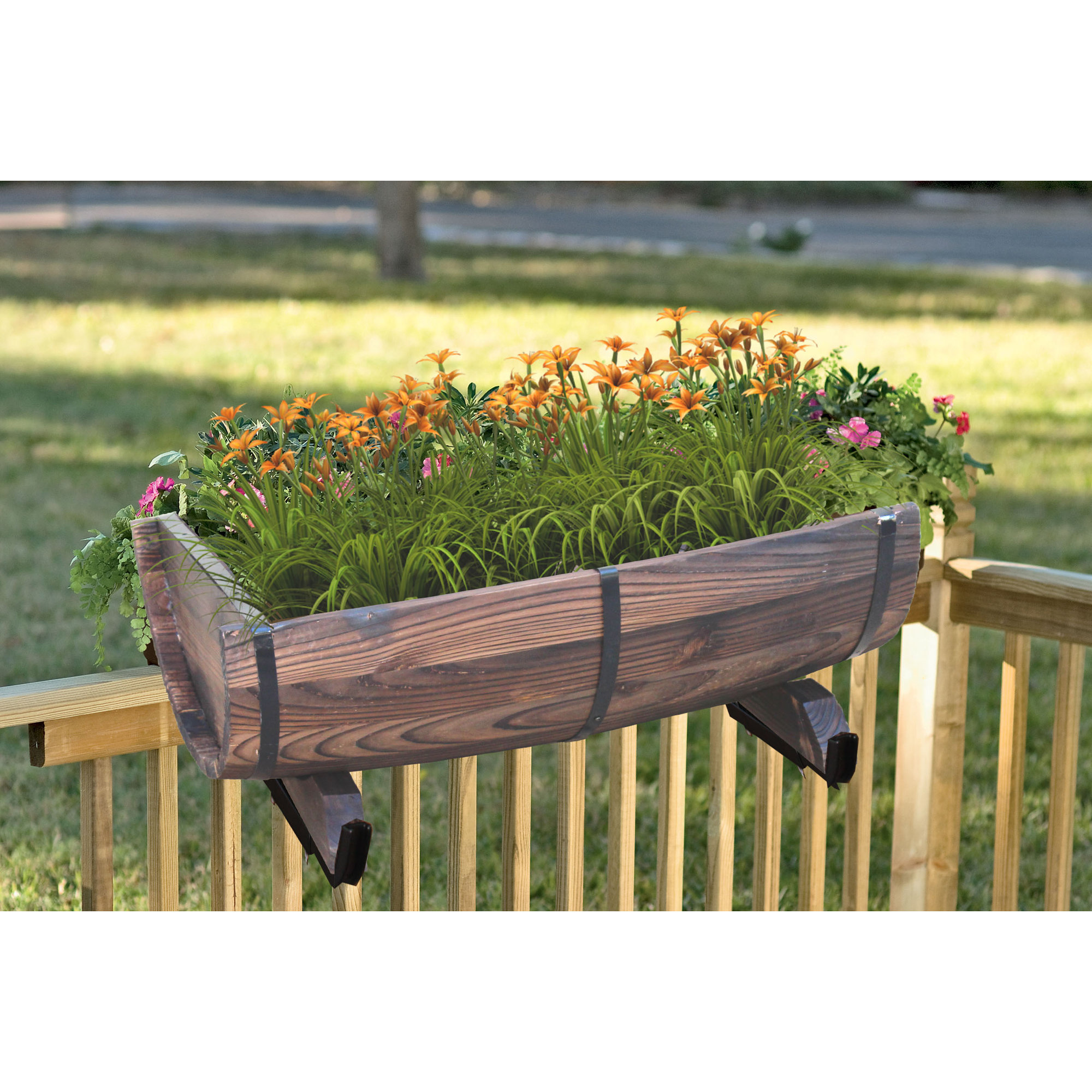Vintiquewise Half Barrel Adjustable Deck Wood Rail Planter Wayfair
