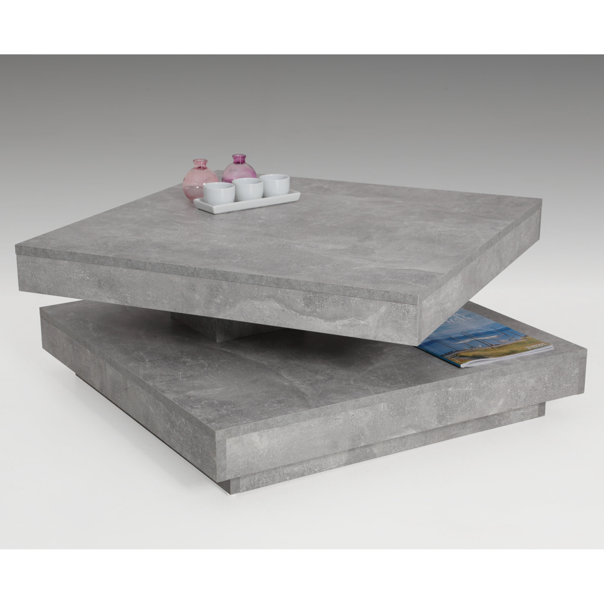 Table Basse Andy Carrée Avec Plateau Pivotant 360° - Blanc/Béton 67x67x35 Cm