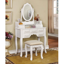 Bedroom & Makeup Vanities You'll Love | Wayfair Provence Vanity Set with Mirror And Padded Stool