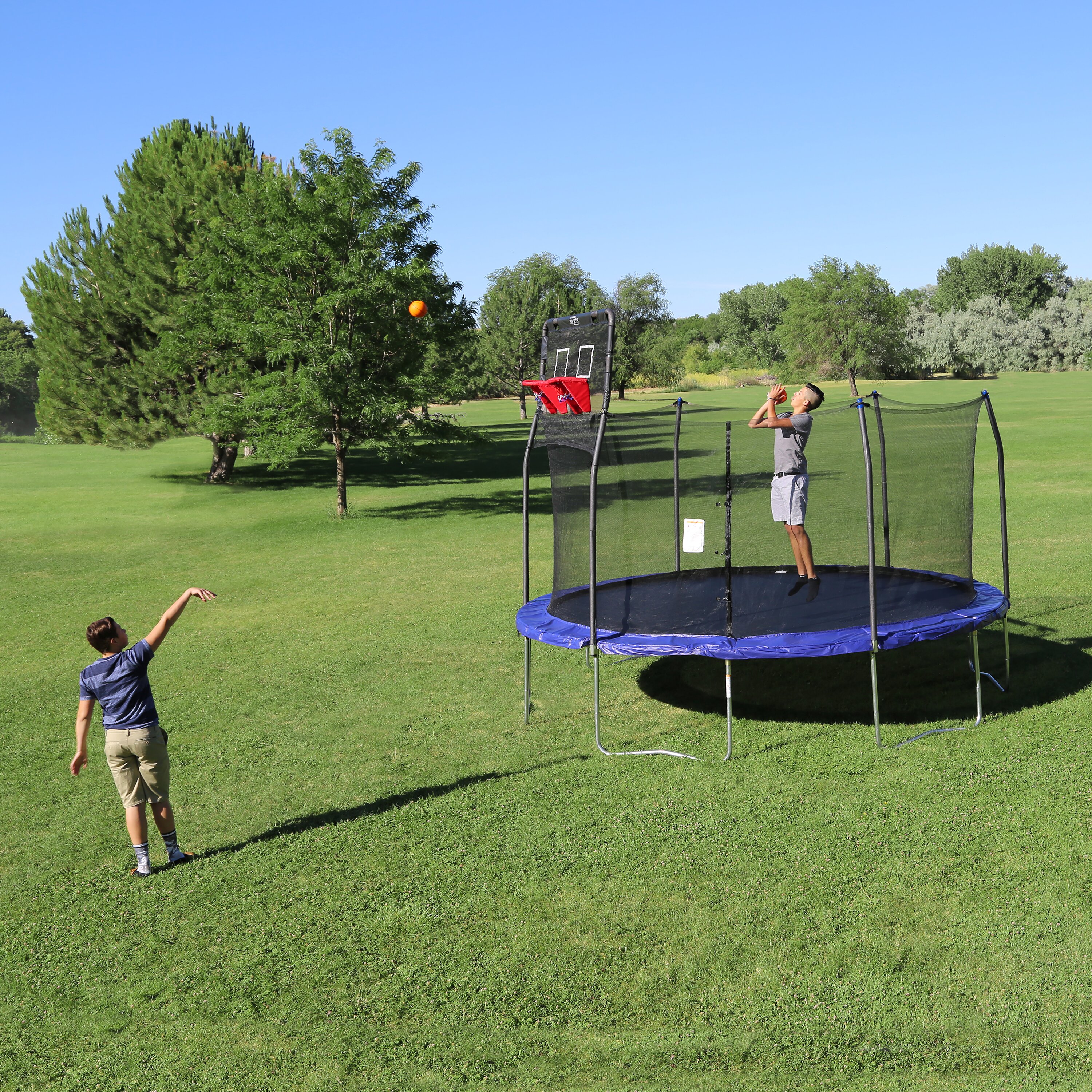 rectangle trampoline with basketball hoop