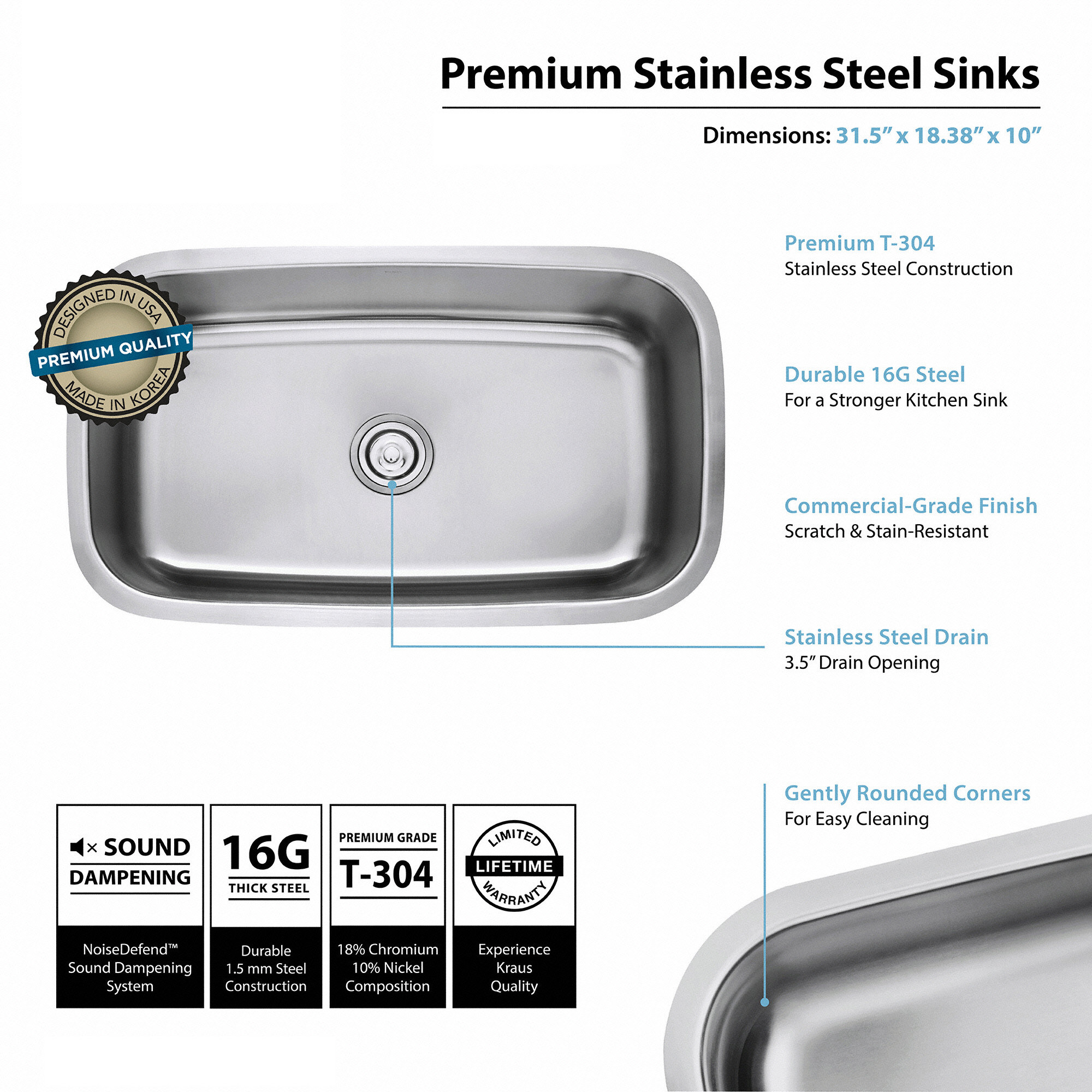 Stainless Steel 16 Gauge Undermount 31.5