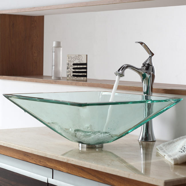 Kraus Bathroom Combos Aquamarine Glass Vessel Bathroom Sink with Single
