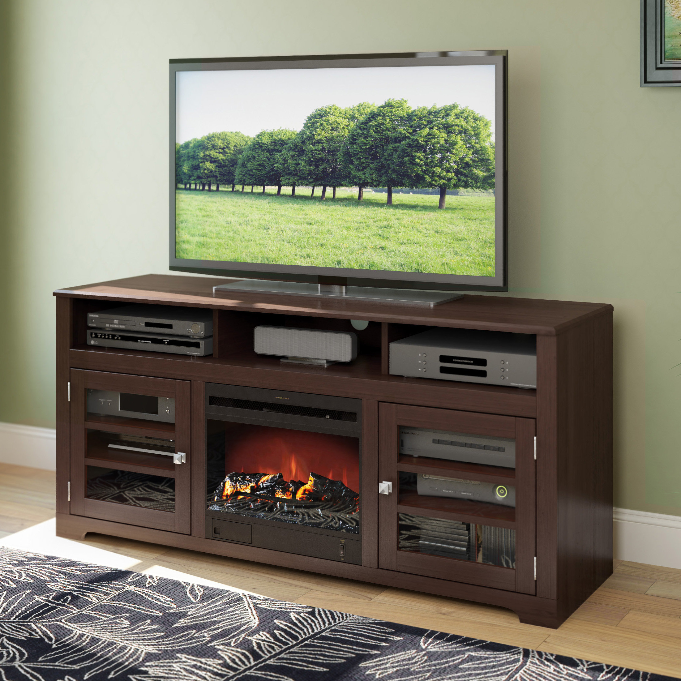 Tv Stand With Fireplace Electric Heater Wood Media Entertainment