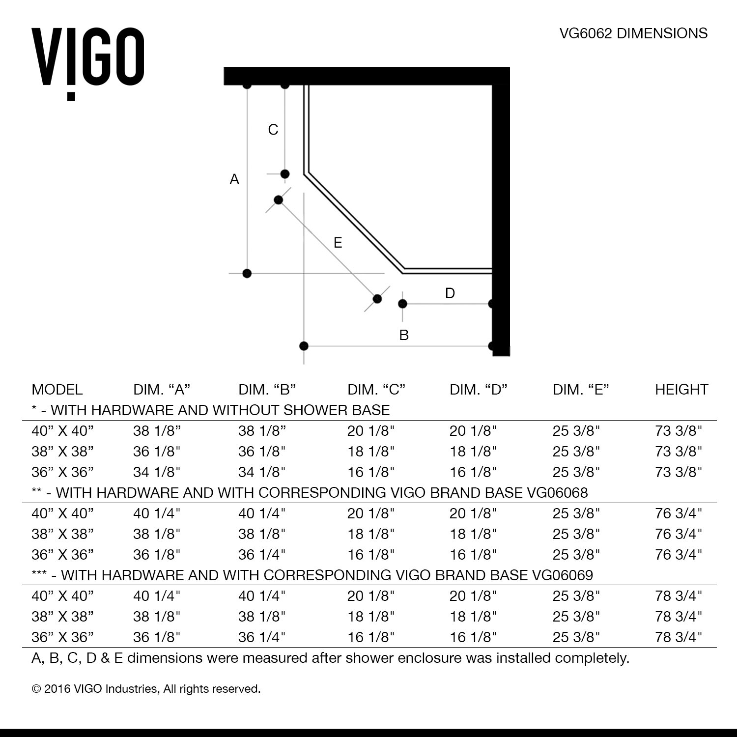 Vigo Piedmont 38 x 38in. Frameless NeoAngle Shower Enclosure with