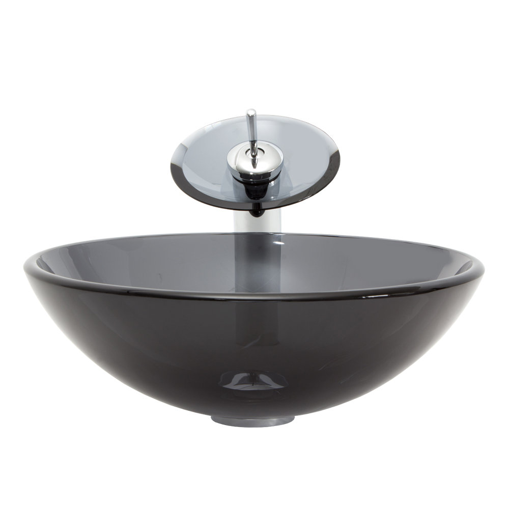 Vigo Sheer Black Glass Vessel Bathroom Sink and Waterfall Faucet with ...